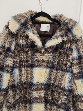 Velvet Cream, Brown & Blue Plaid Faux Shearling Coat
